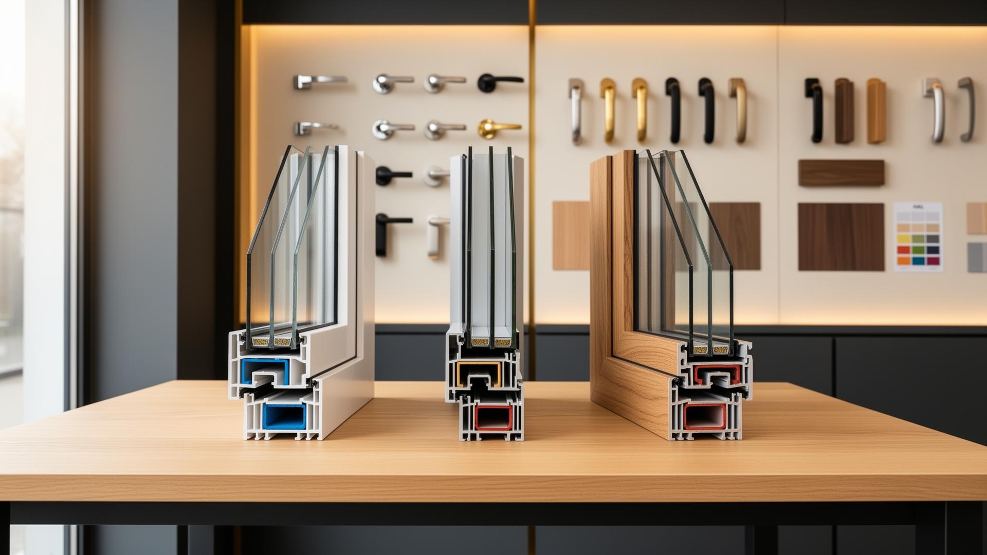 Espace d'exposition Leconte Menuiserie — fenêtres PVC, aluminium et bois présentées